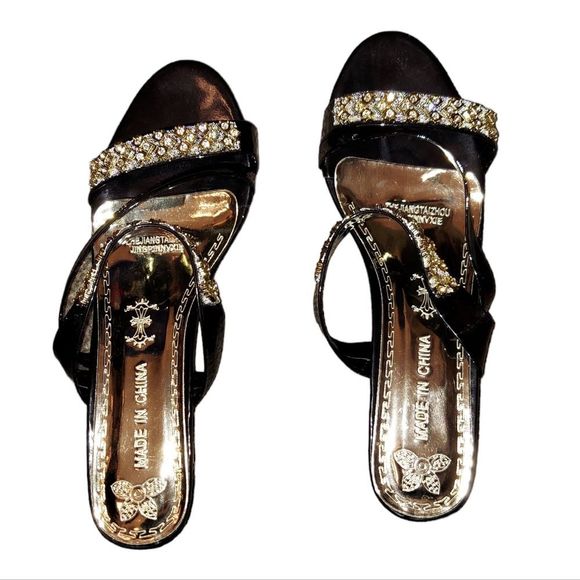 Rhinestone Decor Chunky Heeled Slide Sandals - Picture 2 of 13